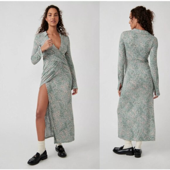Free People Shayla Long Sleeve Floral Midi Wrap Dress In Mint Combo Small NWT - Picture 3 of 9